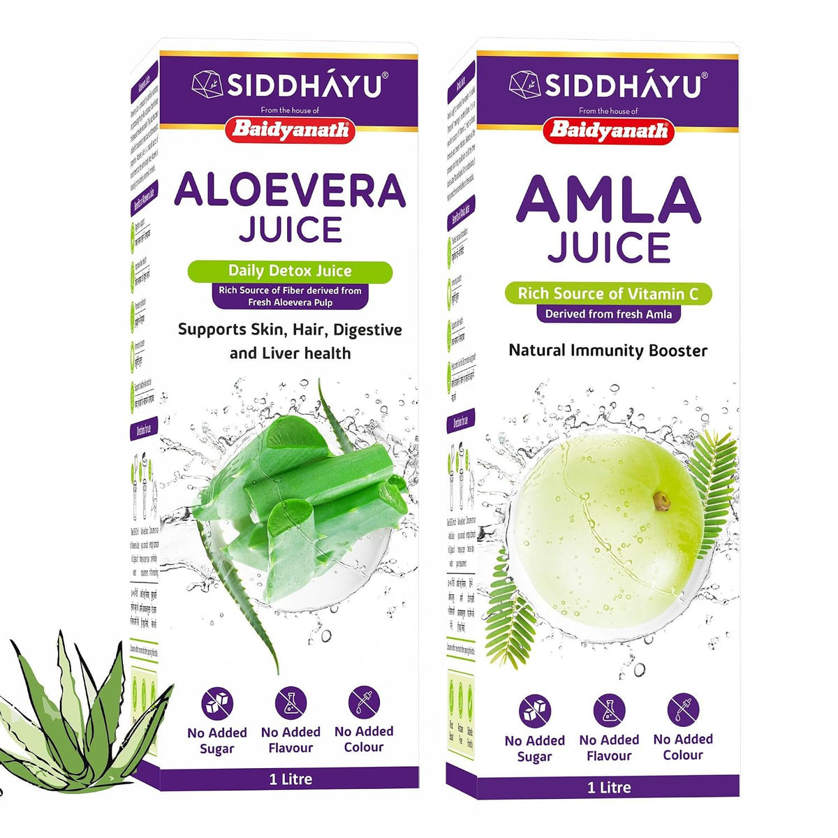 Baidyanath Asli Ayurved Aloe Vera Juice With Pulp, All Natural Tonic For Immunity, Better Digestion And Glowing Skin, 1000 Ml & Amla Juice - Natural Immunity Booster Enriched With Vitamin C - 1 Ltr