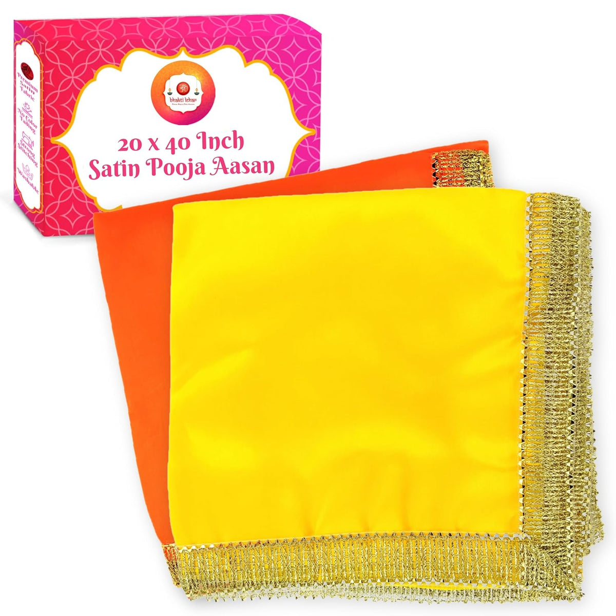 Bhakti Lehar Satin Pooja Aasan Cloth Mat for God Idol Sitting, Bhagwan Chowki, Ganesh Baithak, Temple Shelf, Home Mandir Decoration and Idol Backdrop (Yellow + Orange, 20 x 40 Inch)