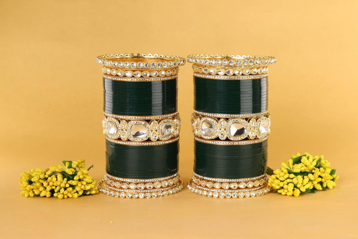 NMII Premium Metal Bangles Gold Chuda Set For Bridal Women & Girls With Zircon Diamond & Kundan | Designer Ad Chuda | Bridal Bangles Chooda Set For Wedding, Party, Occasion-Set Of 70