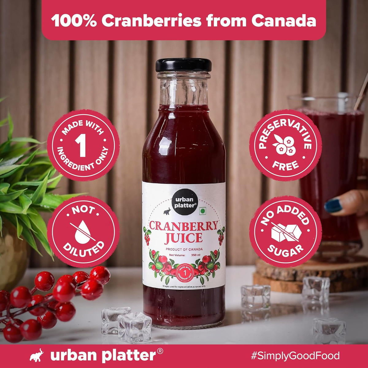 Urban Platter 100% Canadian Cranberry Juice, 350ml (Glass Bottle, No Added Sugar & Preservative-Free, Antioxidant-Rich, Supports UTI Health, Ideal for Cocktails & Mocktails)