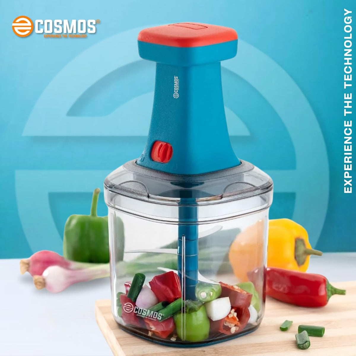 E-COSMOS® Food Chopper 1000ml, 6 Blade Steel Large Manual Hand-Press Vegetable Chopper Mixer Cutter to Cut Onion, Salad, Tomato, Potato (Deep Aqua)