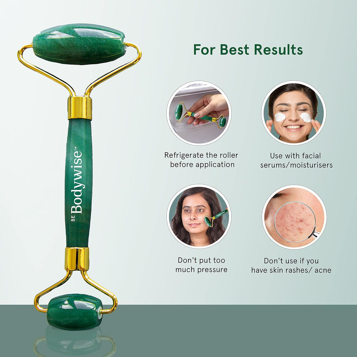Be Bodywise Jade Roller Massager | 100% Natural Jade Face Roller | Tightens Skin, Reduces Wrinkles & Improves Blood Circulation | Best for Serum Application | Double Sided for Toning & Firming Face