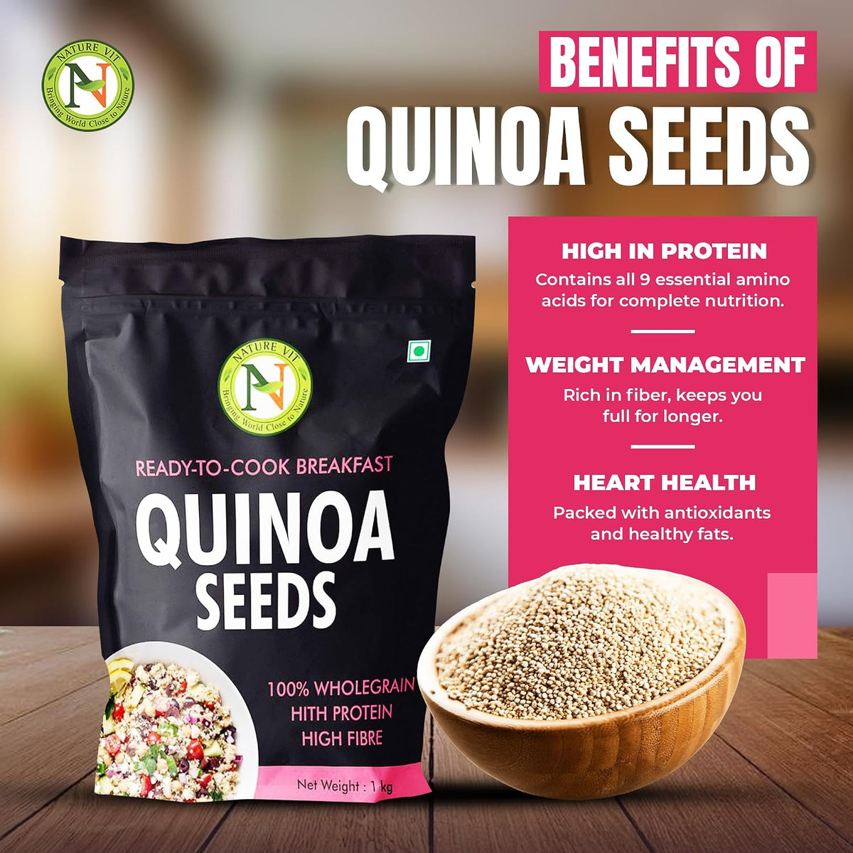 NatureVit Quinoa Seeds, 1 kg | Kinowa | Healthy Food | Gluten Free Products | Quinoa Seeds With High Protein | Diet Food