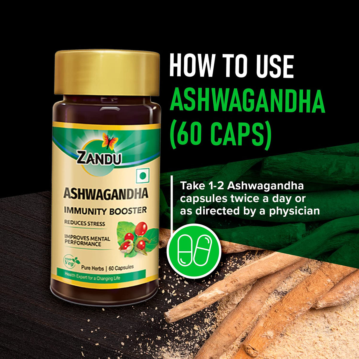 Zandu Ashwagandha Capsules, With Goodness of Natural Extracts of Ashwagandha, Helps Boost Immunity and Useful for Natural Body Strength, Stress Buster - (Pack of 60 Veg capsules x 2)