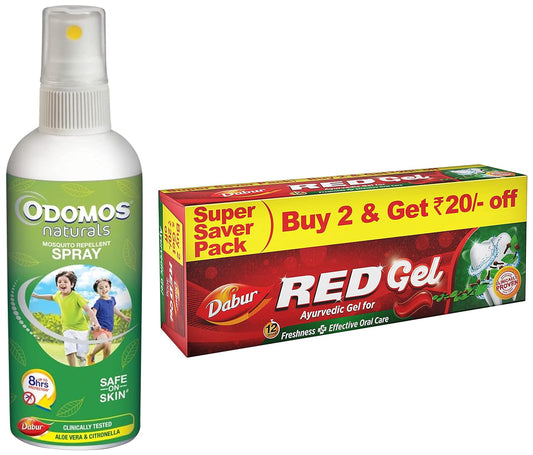 DABUR Red Gel Controls Bad Breath, Plaque, Gingivitis, Toothache - 150 G (Pack Of 2) Odomos Narurals Mosquito Repellant Spray - 100 Ml