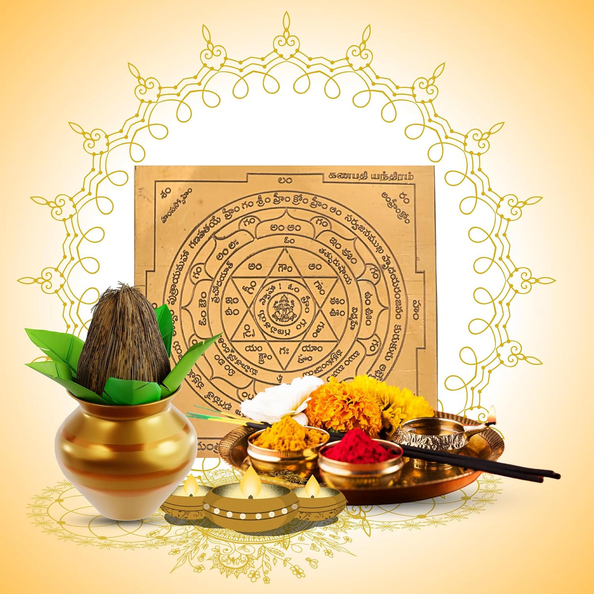 Aalayam Selveer Ganapathi Yantra Telugu | Ganapathy Yantra Telugu Size 6"x6" Copper Brown Colour 1 Piece