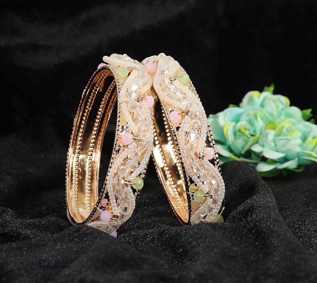 NMII Latest Metal Pearls Moti Bangles Kada Set For Women & Girls | Stylish Girl's Bangles Bracelet | Metal Bangles | Kada For Women | Bangles For Wedding, Party, Festive, Occasion Wear- Set of 2 Kada