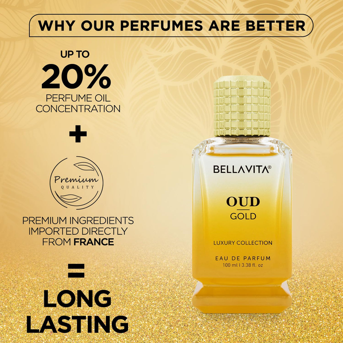 Bella Vita Luxury OUD GOLD Eau De Parfum Intense Perfume with Caramel, Rose, Vanilla,Sandalwood|Premium, Long Lasting Oriental Fragrance for Men 100ML