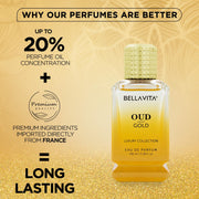 Bella Vita Luxury OUD GOLD Eau De Parfum Intense Perfume with Caramel, Rose, Vanilla,Sandalwood|Premium, Long Lasting Oriental Fragrance for Men 100ML
