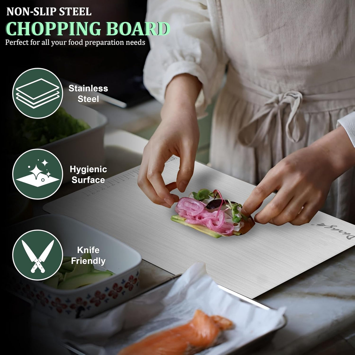 Parage Large Stainless Steel Chopping Board (41 x 31 cm) | Heavy Duty Metal Cutting Board with Anti-Skid Silicone Pads | Durable, Rust-Proof Kitchen Board for Vegetables, Meat & Fruits