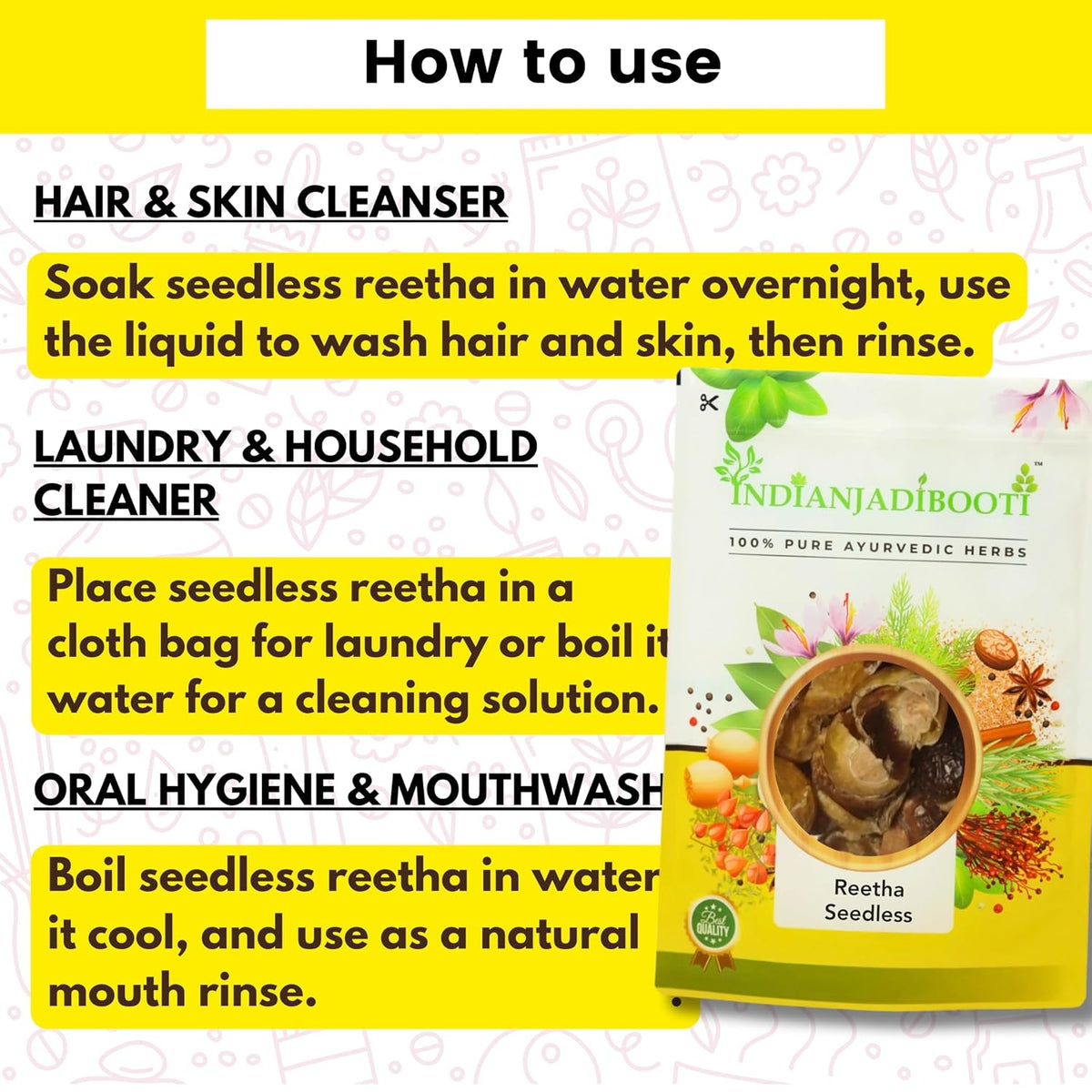 IndianJadiBooti Reetha Seedless | Soap Nut | Soapberry | Wash Nut | Acacia Concinna | Aritha (100 Grams)