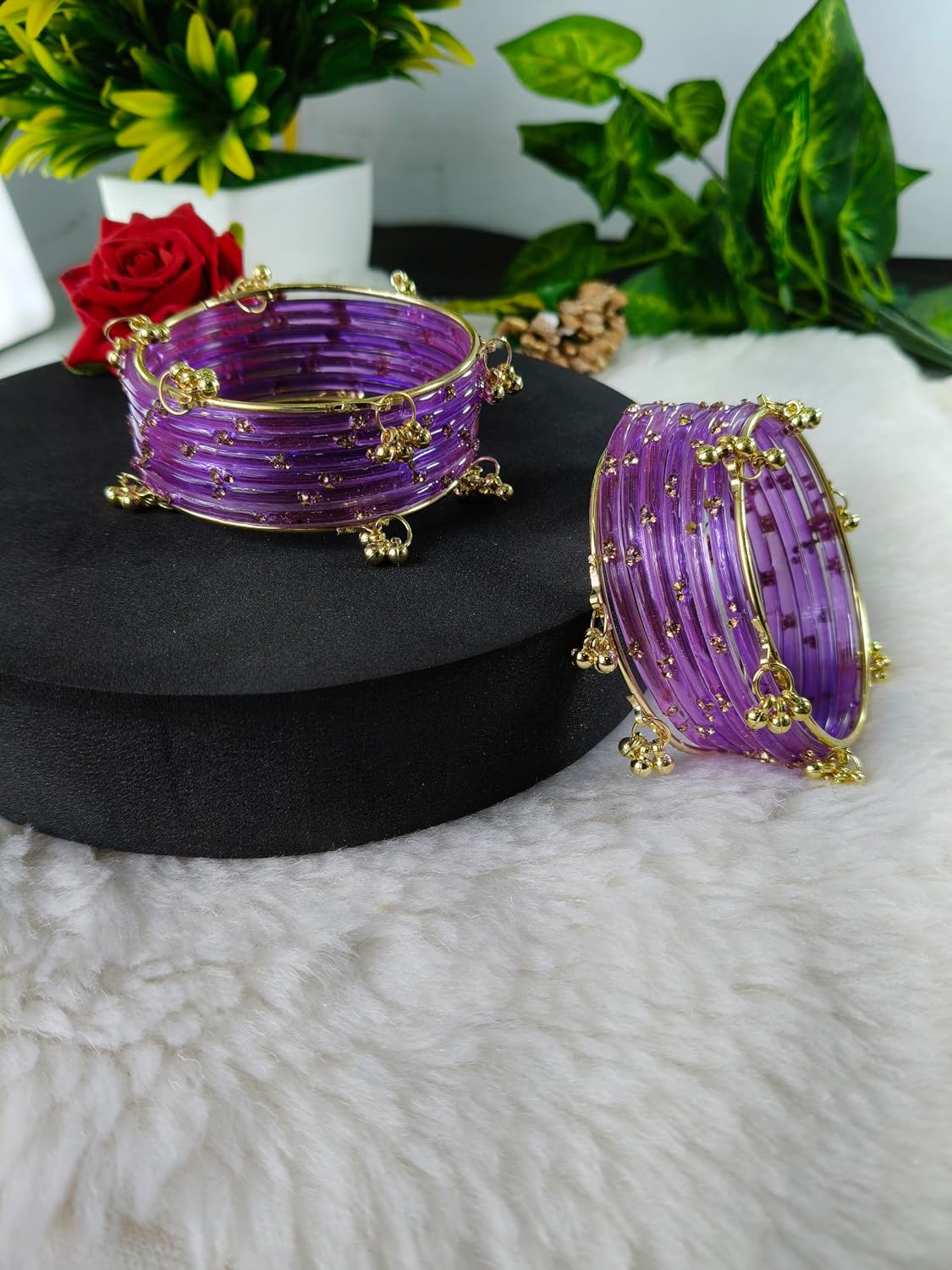NMII Viral Multi Colour Glass Bangles with Golden Ghungroo Charms & Stone Work For Women & Girls | Fancy Designer Glass Bangle | Traditional Chudi | Kanch Ki Churi | Stylish Ghungroo Bangle For Women