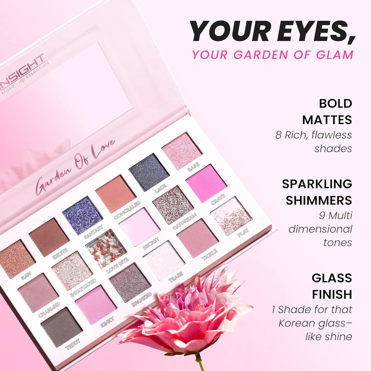 INSIGHT Garden of Love Eyeshadow Palette | 18 Pigmented Shades with Metallic, Shimmer & Multi-Finish Colors | Long-Lasting, Blendable Eye Makeup for Day or Night | 40g