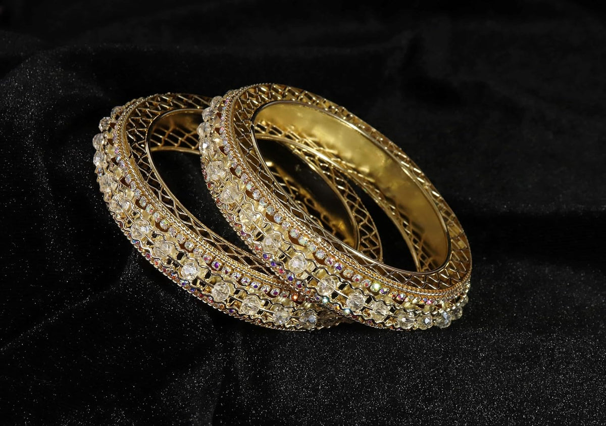 NMII Metal with Zircon Gemstone & Artificial Pearls Studded Stylish Kada Bangles Set For Women & Girls | Traditional Kada For Women | Women's Bangles For Wedding, Party, Occasion- Set of 2
