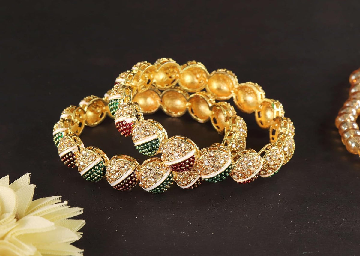 NMII Traditional Alloy Metal With Zircon Diamond Kada Bangles Set For Women & Girls | Designer Women's Kangan Chudi - Set Of 2 Kada