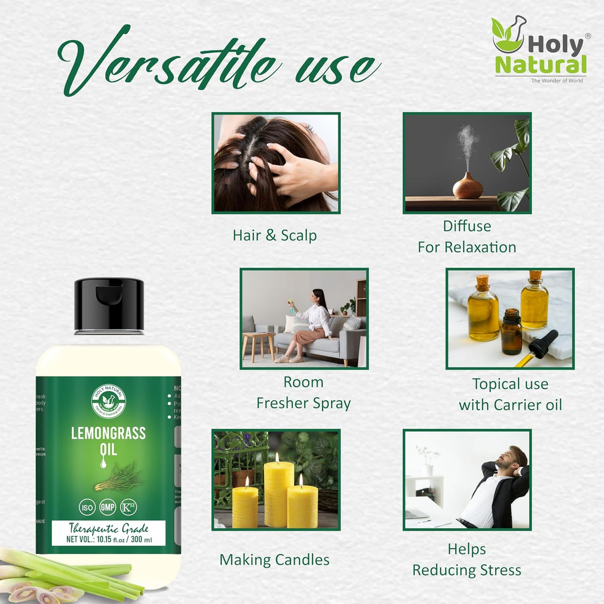 Holy Natural Lemongrass Oil for Hair Fall, Moisturising Skin, Face | Therapeutic Grade, Steam Distilled, Home Diffuser | 300ml