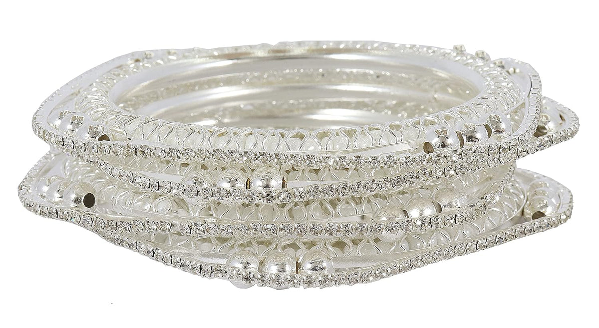 NMII Traditional Golden Metal with Zircon Stone & Pearls Moti Beads Work Kada Bangles Set For Women & Girls | Designer Women's Bangles Latest | Metal Bangles | Bridal Wedding Bangles-Set of 4