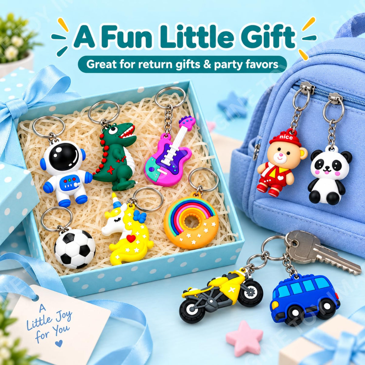 Toy Imagine 3D Rubber Cartoon Keychains for Kids, Pack of 12