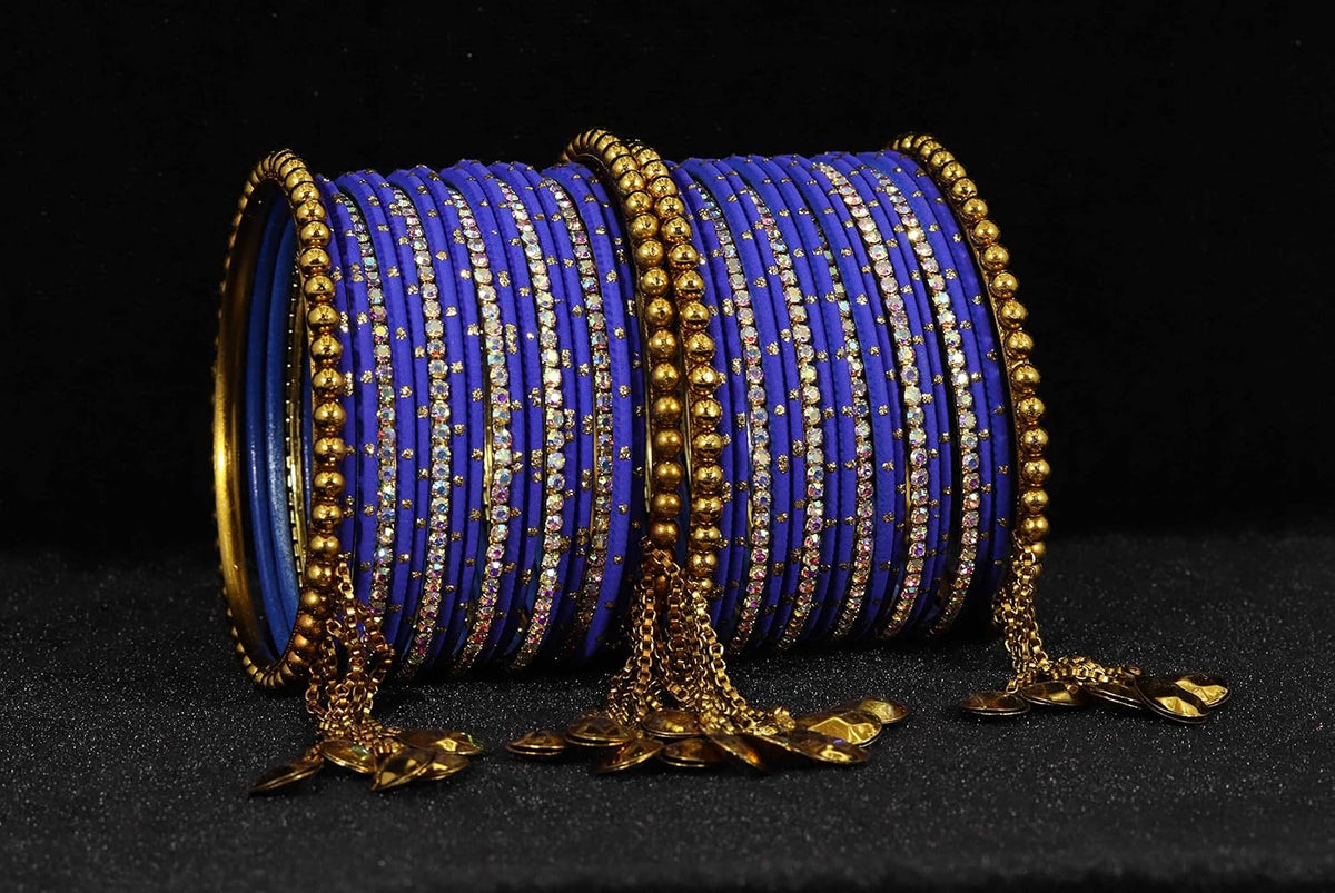 NMII Non-Precious Metal with Base Metal Zari Dotted and Rainbow Zircon Gemstone Studded Glossy Finished Kaleere Type Latkan Bangle set for Women and Girls