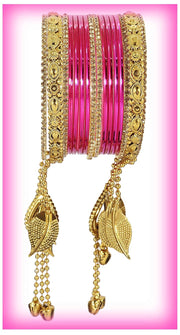 NMII Non-Precious Metal Base Metal with Zircon Gemstone and Linked with Ball Chain Glossy Finished Ghungroo Latkan Kaleere Type Bangle Set For Women and Girls