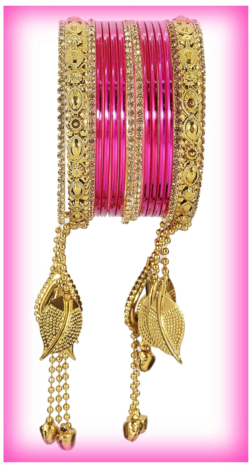 NMII Non-Precious Metal Base Metal with Zircon Gemstone and Linked with Ball Chain Glossy Finished Ghungroo Latkan Kaleere Type Bangle Set For Women and Girls
