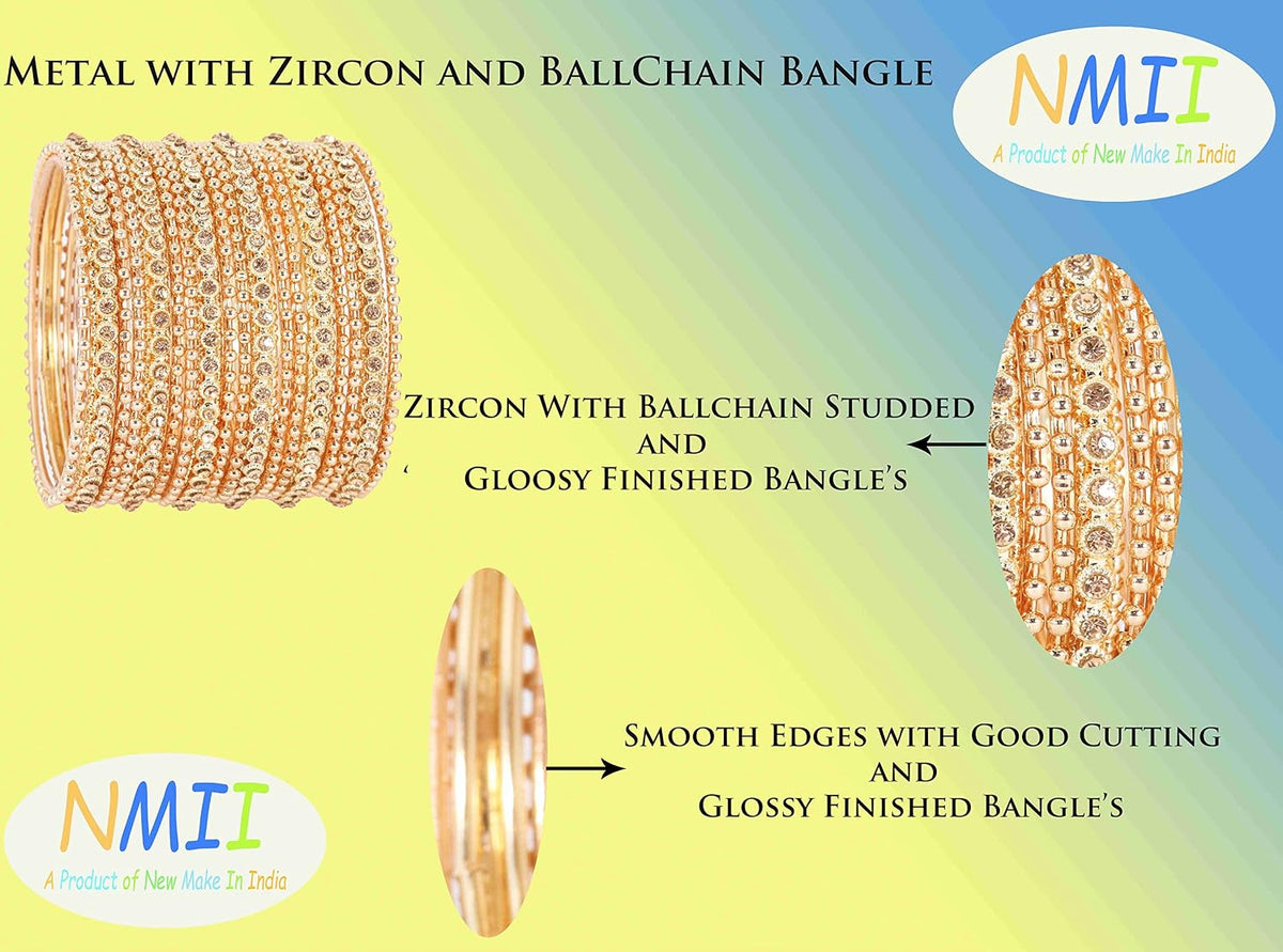 NMII Non-Precious Metal Base Metal with Zircon Gemstone Studded worked and Link with Rose gold Ball Chain Glossy Finished Bangle Set For Women and Girls