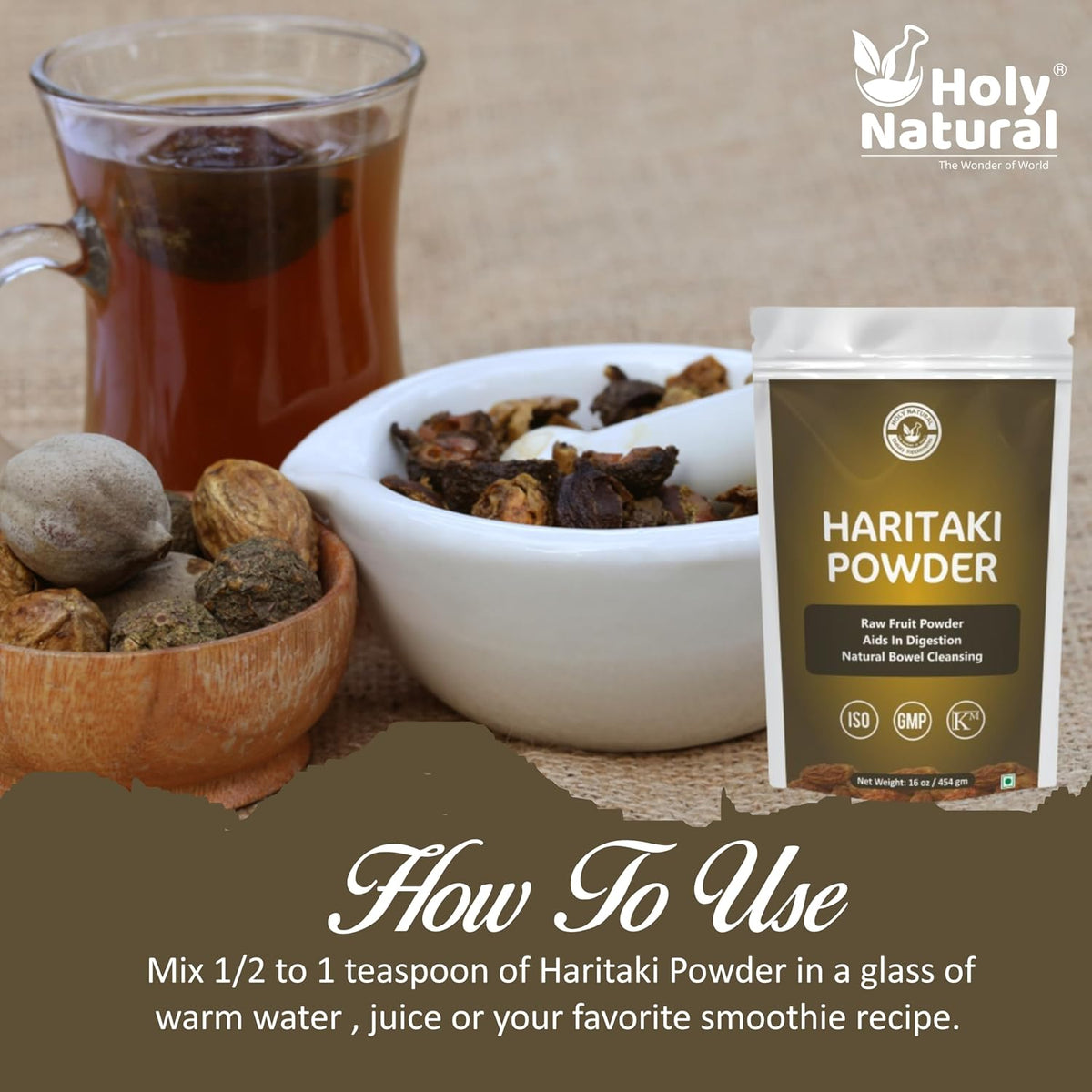 Holy Natural Haritaki Powder for Digestion and Natural Bowel Cleansing, Raw Fruit Powder, 454 gm