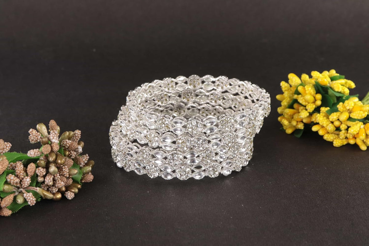 NMII Designer Alloy Kada Set with Diamond Stones & Kundan Work With Floral Design For Women & Girls | Traditional Bridal Jewelry | Wedding Kada For Girls | Wedding, Festival Jewelry - Pack of 4 Kada