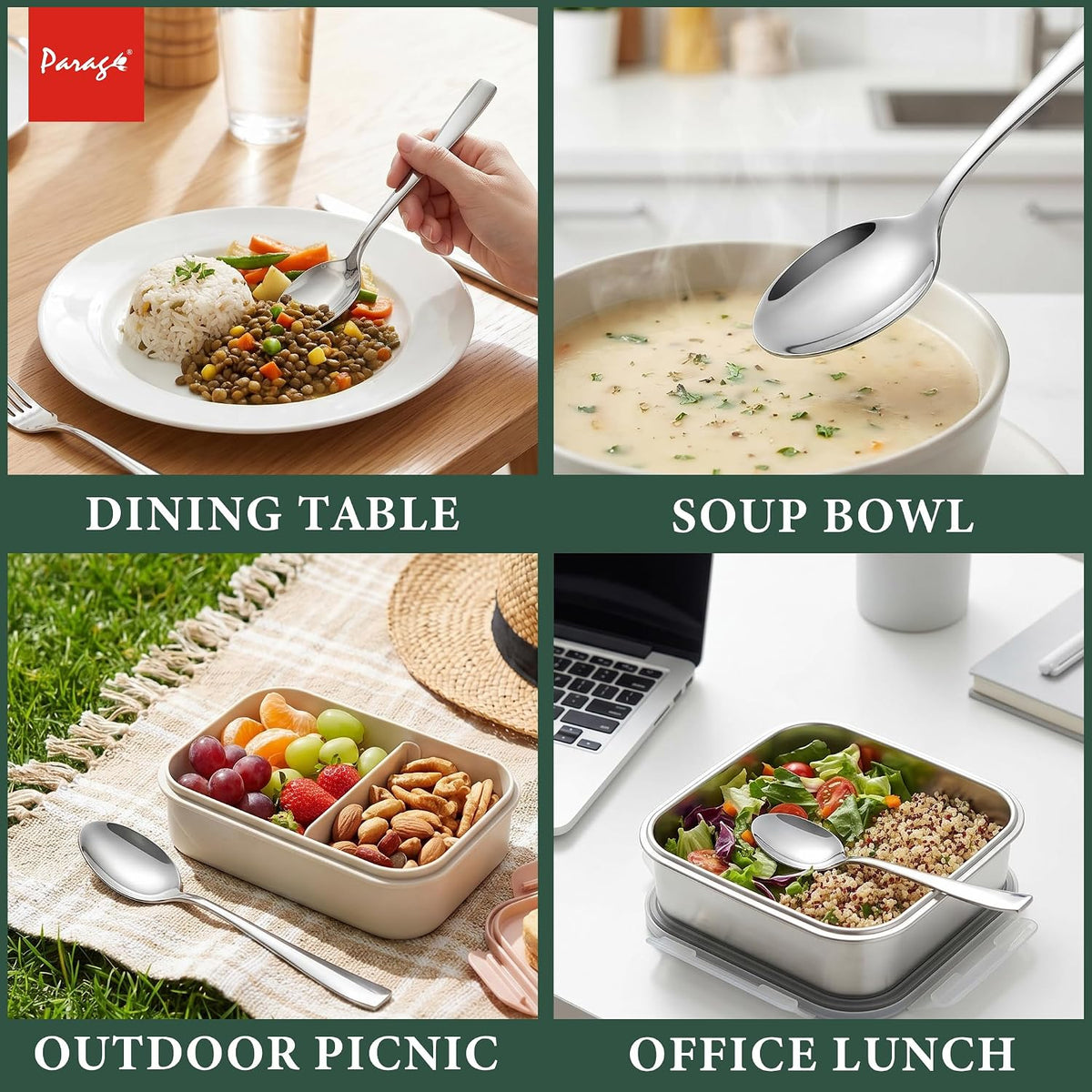 Parage Stainless Steel Spoons Set of 12, Dinner Spoon Length 16cm, Food Grade Silverware for Home & Kitchen- Mirror Polished, 12 Silver Spoons
