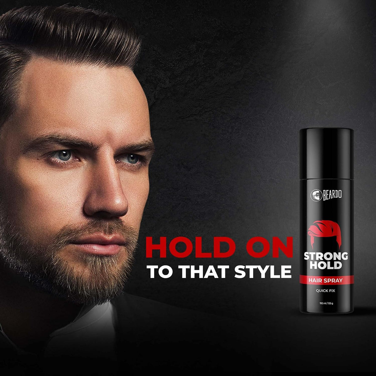 BEARDO Strong Hold Hair Spray, 192 Ml, Hair Spray For Men, Hair Styling, Hair Setting Spray, Hair Fixing Spray, Strong Hold, Natural Shine, Pack of 1