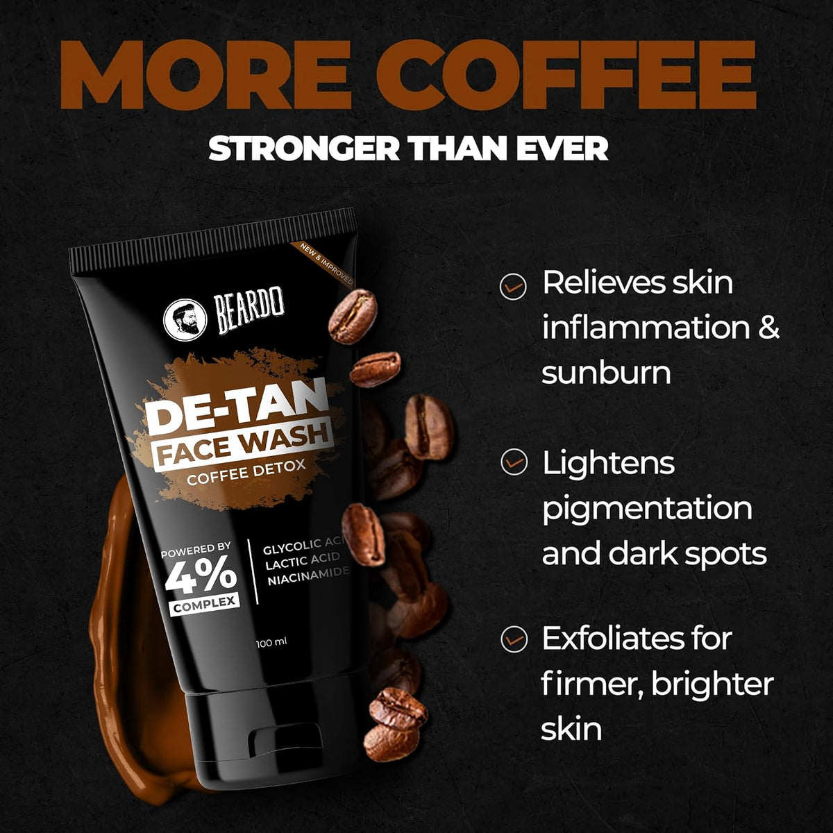 BEARDO DeTan Face Wash for Men, 100ml | Glycolic Acid,Niacinamide & Coffee | Helps to Reduce Tan,Reduce Dark Sports & Pigmentation | Exfoliates & Hydrates for Smooth & Oil Free Skin