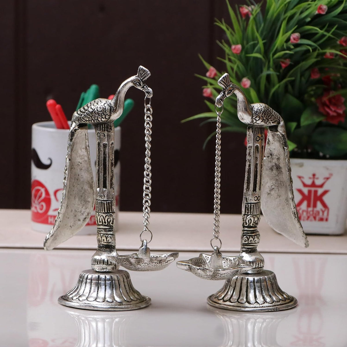 KridayKraft Peacock Design Metal Hanging with Chain Diya Pair of Peacock Design Bird Diya Deepak Oil Lamp