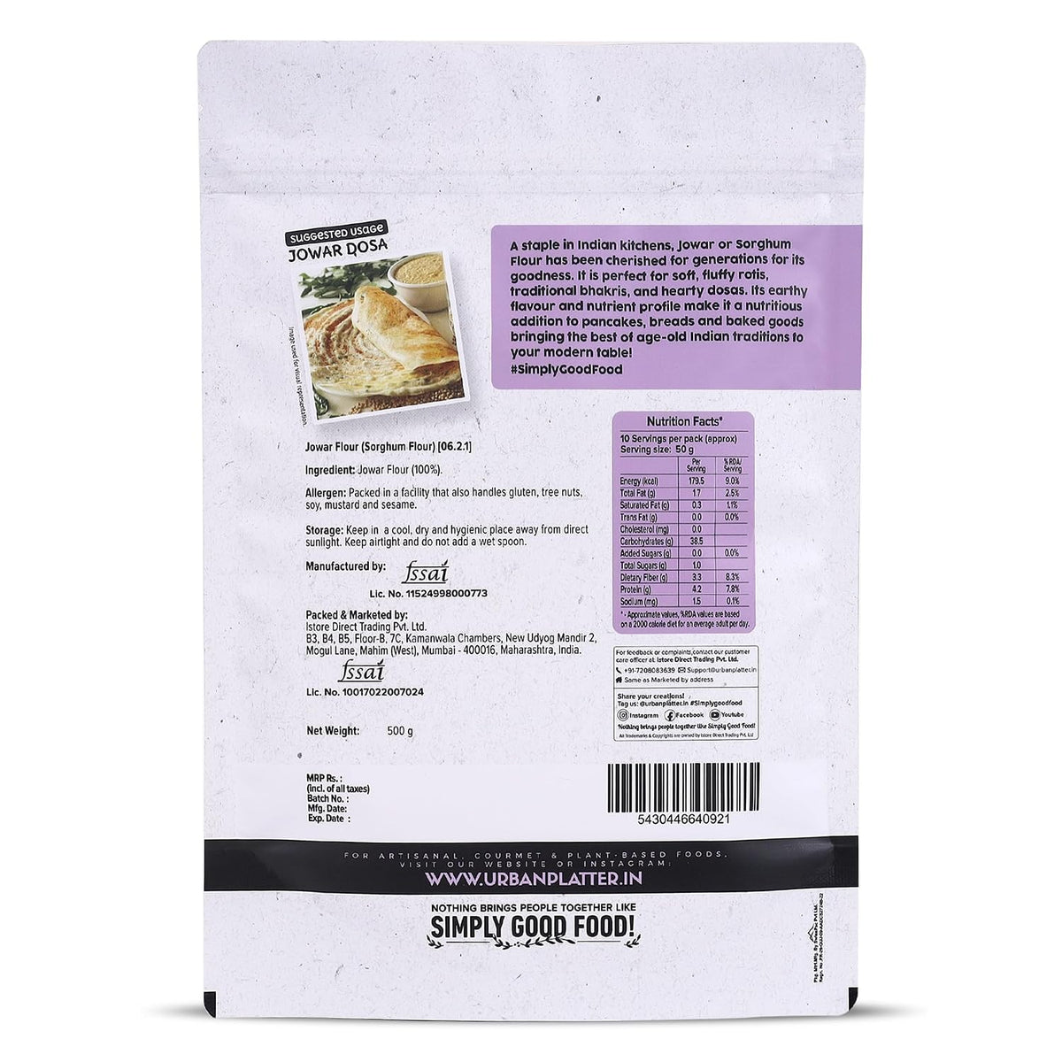 Urban Platter Jowar Flour, 500g (Sorghum Flour | Ancient Supergrain | Rich in Fibre, Iron & Protein)