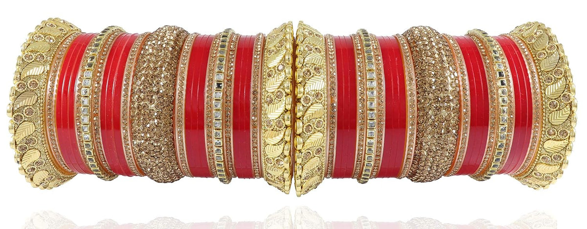 NMII Traditional Gold Plated Acrylic Bangles Bridal Chuda Set For Women & Girls with Zircon Diamond & Pearls Beads Work | Royal Wedding Chudas | Premium Look | Bangles For Wedding, Festive, Function