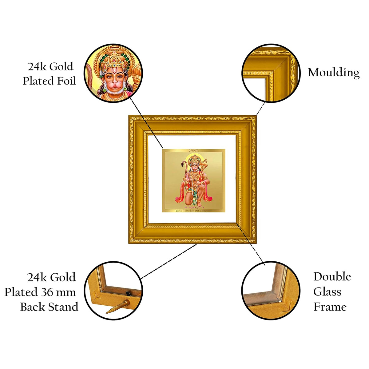 DIVINITI Hanuman Gold Plated Wall Photo Frame, Table Décor| DG Frame 101 Size 1A and 24K Gold Plated Foil| Religious Photo Frame Idol For Pooja, Gifts Items (10 CM X 10 CM)