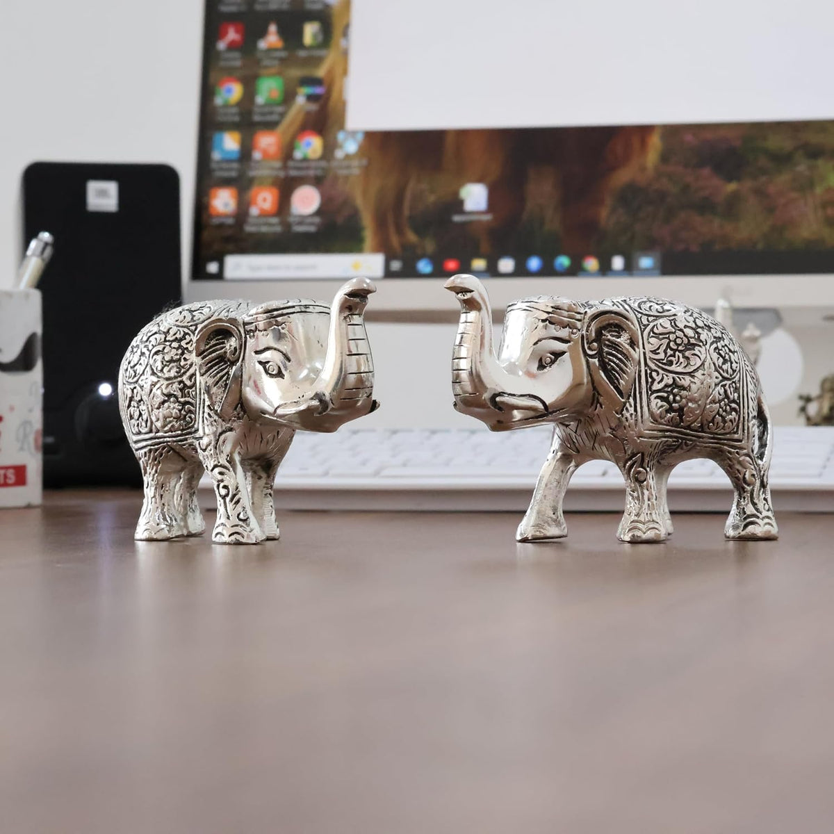 KridayKraft Elephant showpiece Figurine Small Size Statue Silver Polish 2 pcs Set for Enhance Your Home,Office Table Decorative & Gift Article,Animal Showpiece Figurines...