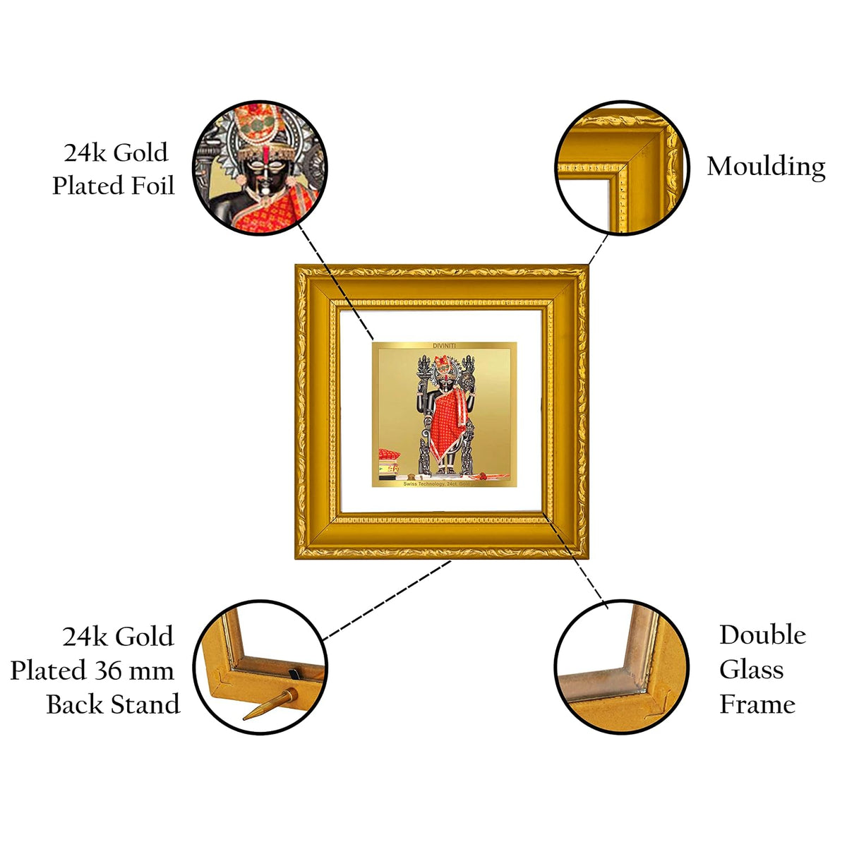 Diviniti Dwarkadhish Gold Plated Wall Photo Frame, Table Décor| DG Frame 101 Size 1A and 24K Gold Plated Foil| Religious Photo Frame Idol For Pooja, Gifts Items (10 CM X 10 CM)