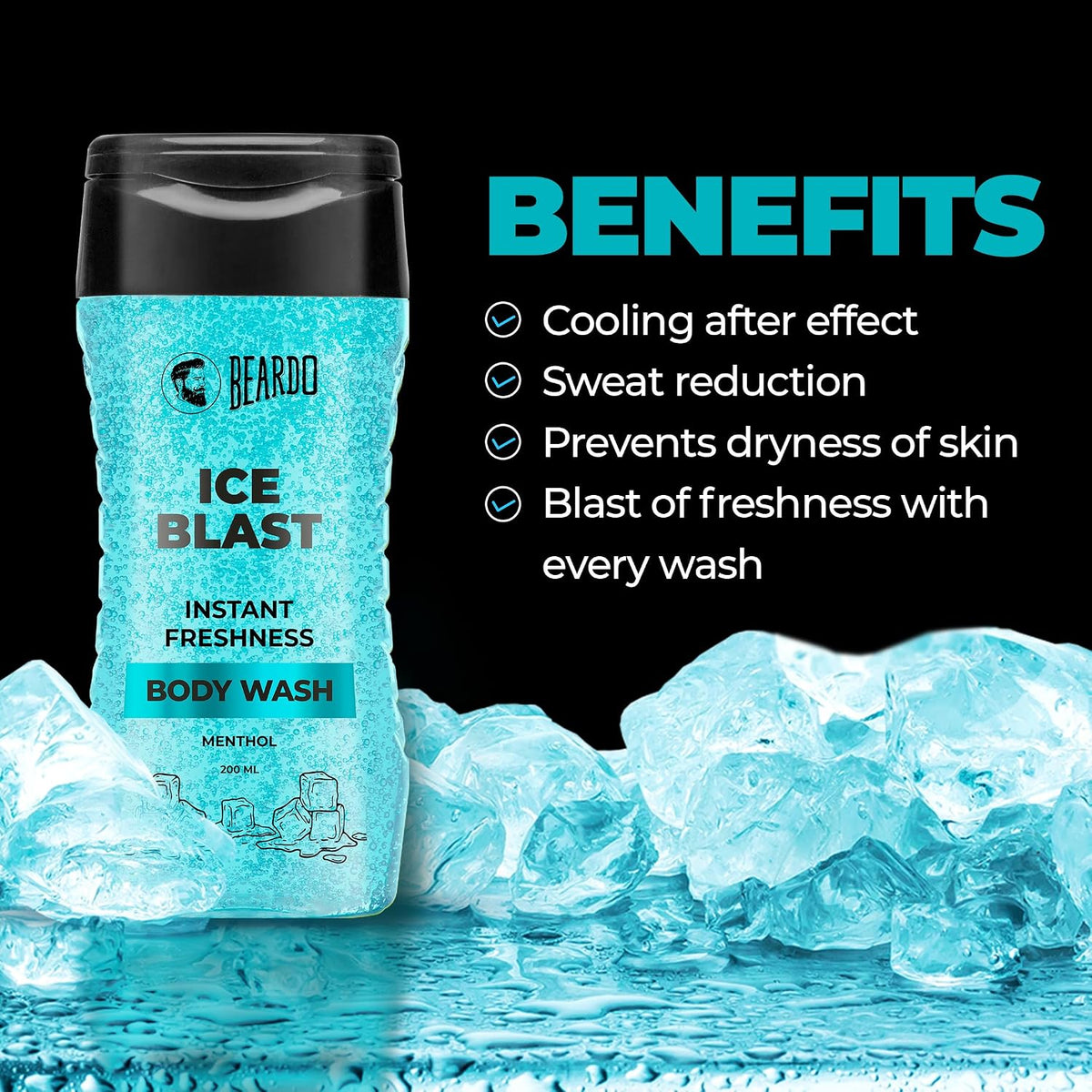 Beardo Ice Blast Body Wash 200ml , Ice Blast Perfume Roll On 50ml & Ice Blast Face Wash 100ml | Refreshing Menthol Cooling Instant Icy Cool Freshness Body Wash ,Roll on & Facewash | Summer Kit for Men | Set of 3