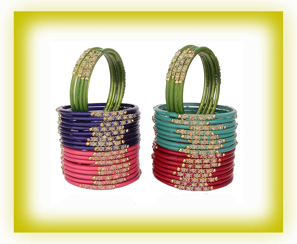 NMII Beautiful & Fashionable Glossy Glass Bangle Set Studded with Zircon & Beads for Women & Girls on Wedding & Festive Occasions (Pack of 40)