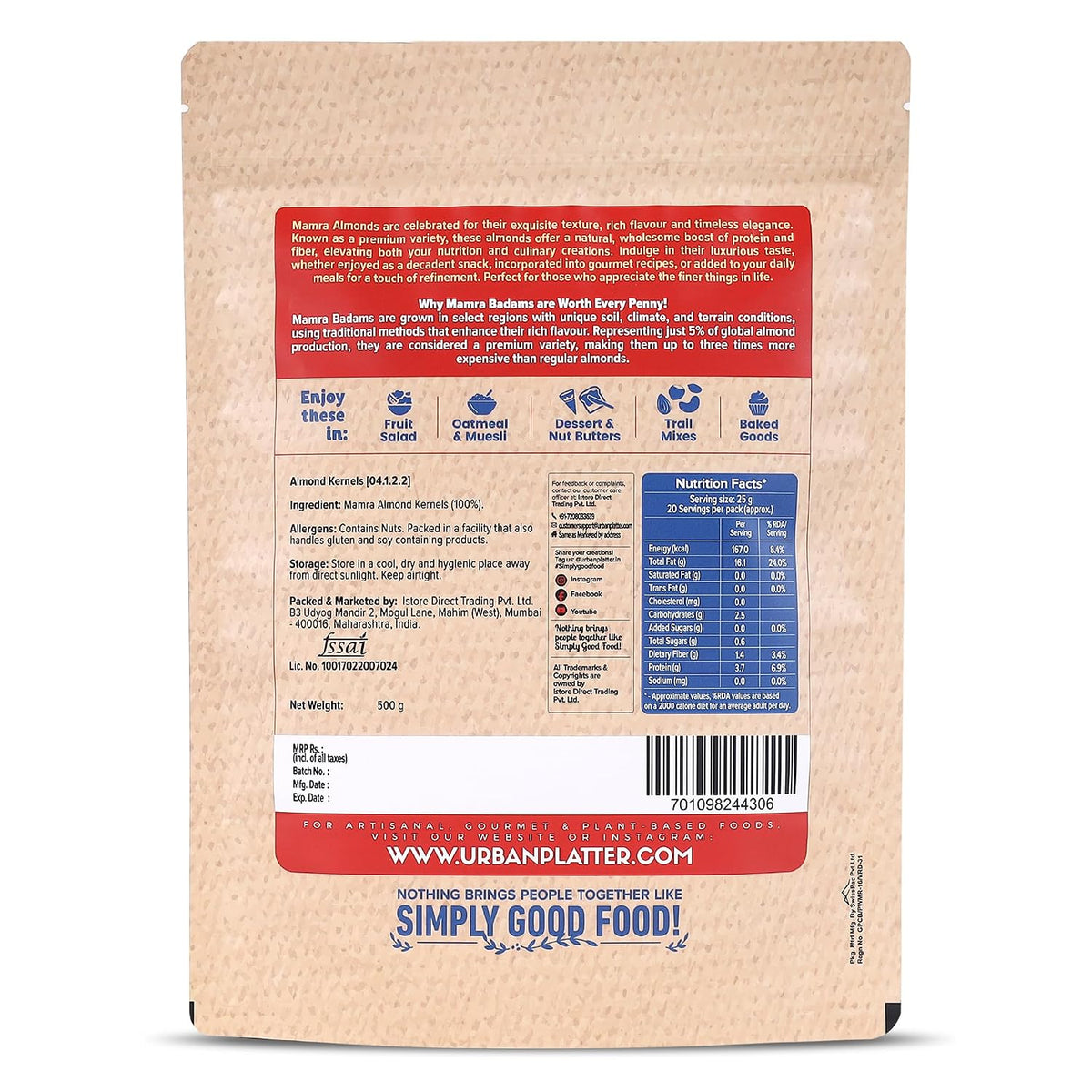 Urban Platter Mamra Almonds, 500g (Rich in Healthy Fats and Protein | Nutrient-Dense | Premium Almond Variety)