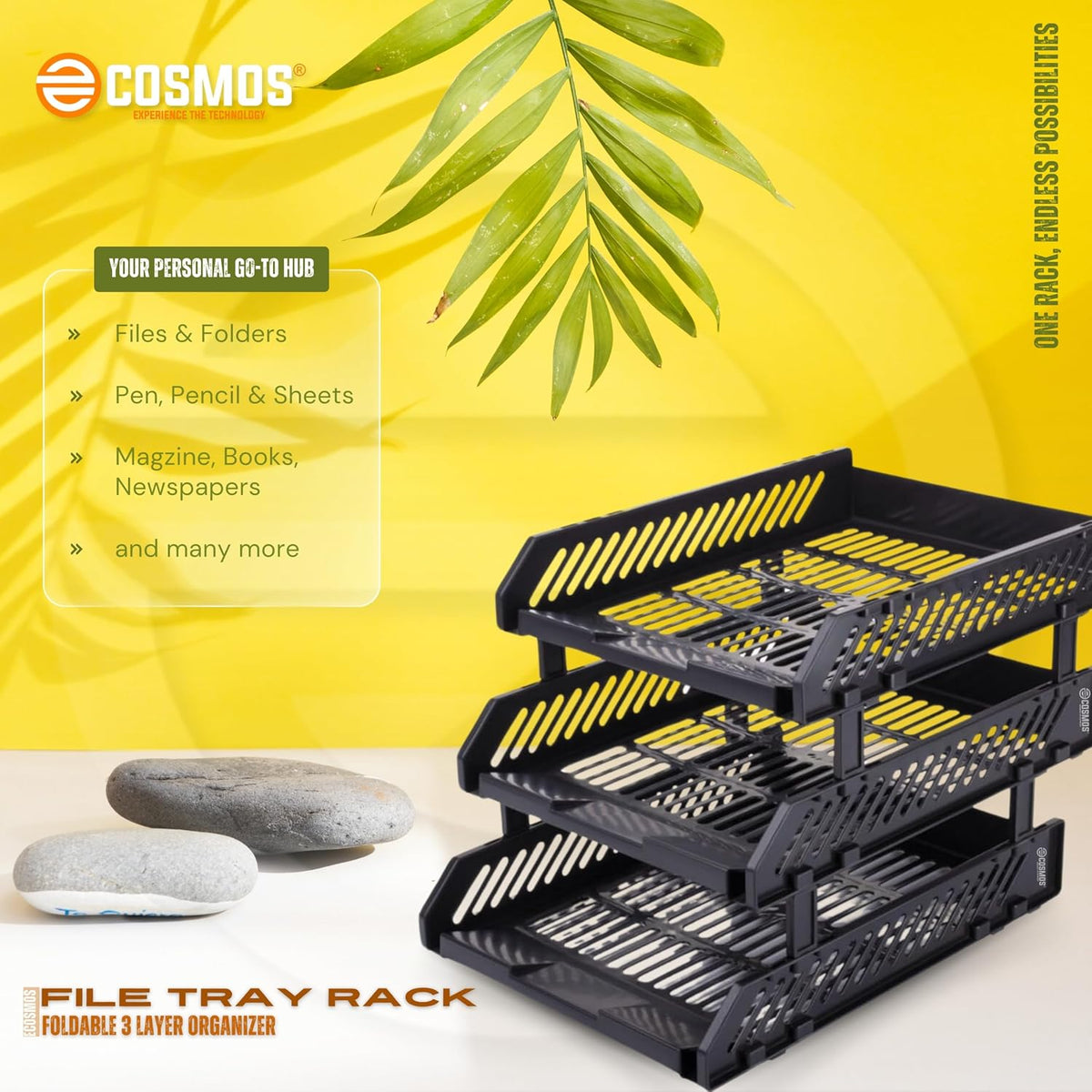 E-COSMOS® File Tray Rack ABS Plastics | Foldable Office Desk Accessories | Durable & Sturdy | Easy Assembly | Efficient Organizer | Plastic Office Stationery Files Layer Rack (3 Layer)