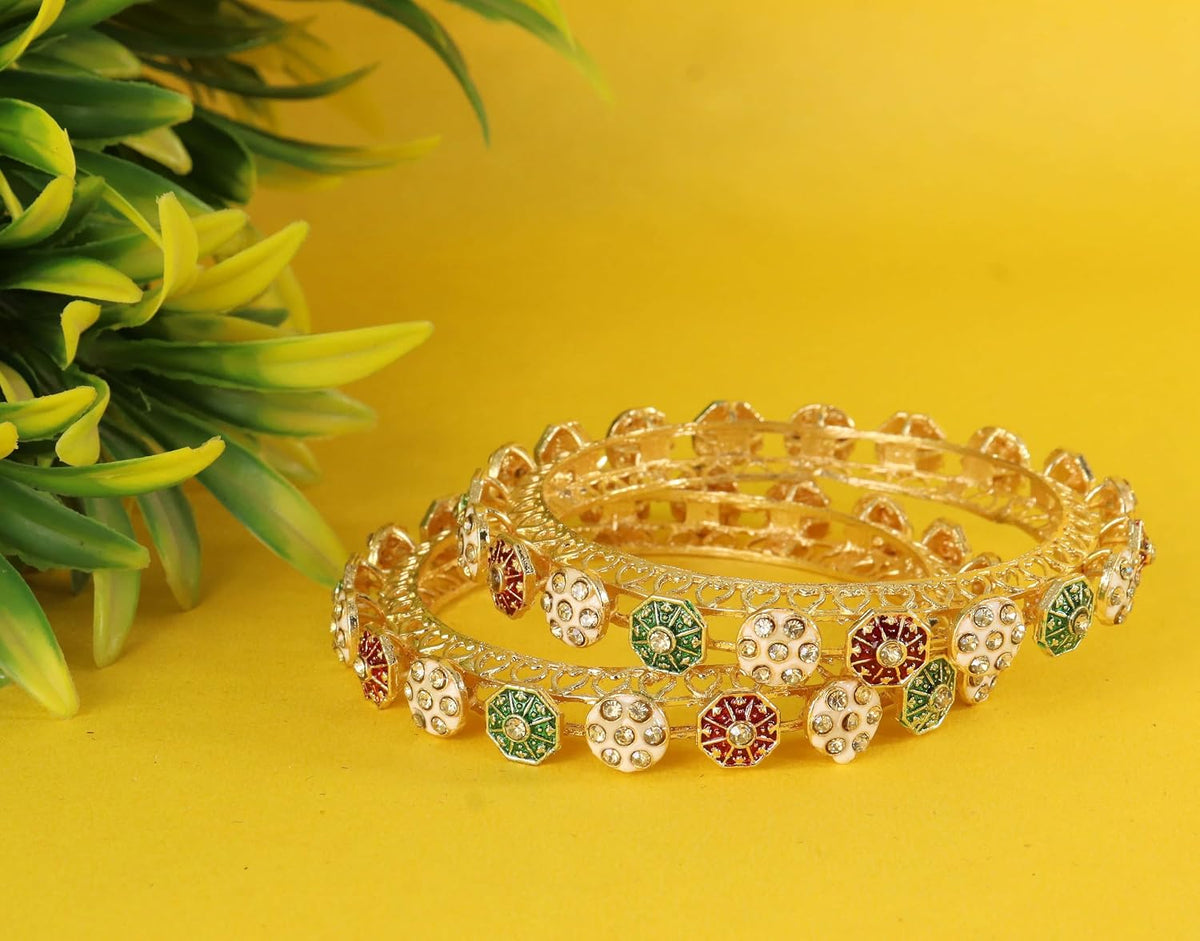 NMII Designer Alloy Metal Kada For Women & Girls | Gold Plated Floral Meenakari Kangan | Traditional Ethnic Jewellery | Wedding Party Stylish Fancy Kada Gift - Set Of 2