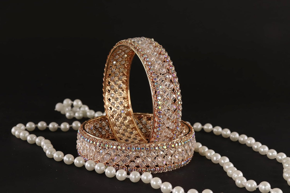 NMII Traditional Metal with White Moti Pearls & Zircon Diamond Kada Bangles Set Women & Girls | Designer Women's Kangan Chudi | Girl's Bangles Bracelet | Wedding, Party, Occasion, Everyday- Set of 2