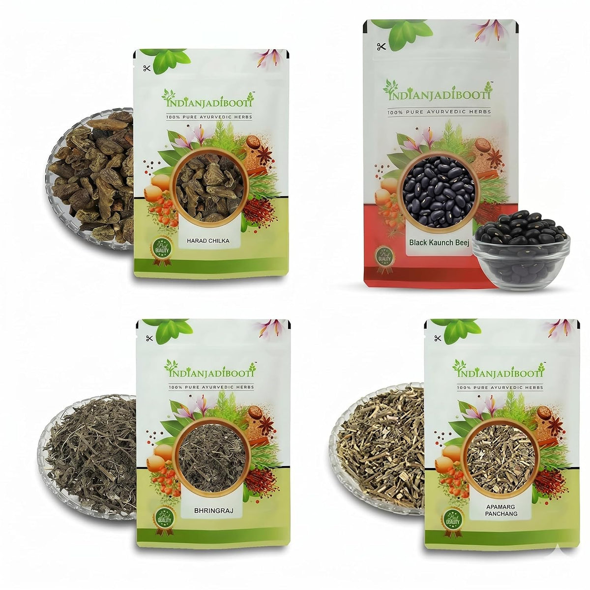 IndianJadiBooti Elite Foundational Bundle: Bhringraj, Harad Chilka, Apamarg & Kaunch – Promotes Hair Vitality, Digestive Ease, Fluid Balance & Peak Stamina – 250gm Each