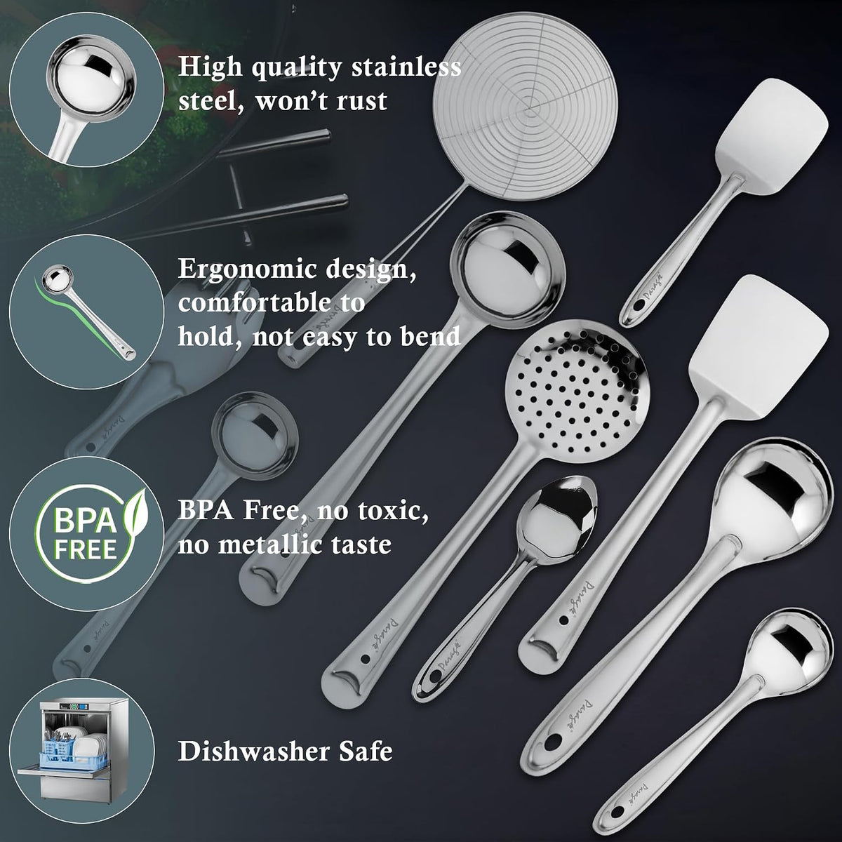 Parage Stainless Steel 10 Pieces Cooking Spoons Set, Contains Ladle, Turner, Strainer, Rice Spoon, Oval Spoon, Serving Spoon, Kitchen Cooking Essential Set for Home, 10 Pcs
