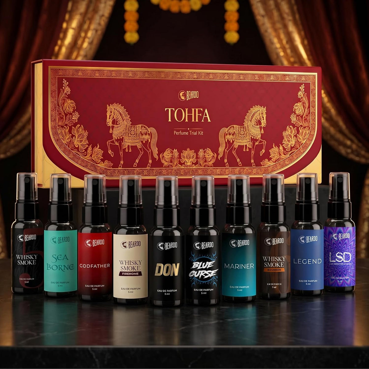 Beardo Tohfa Perfume Gift Set for Men | Fragrance Discovery Gift Set | 10 x 5ml Mini Perfumes for Men | Long Lasting Perfume Collection | Travel Friendly Gift Pack | Gift for Husband, Father, Brother, Boyfriend | Wedding & Festival Gift