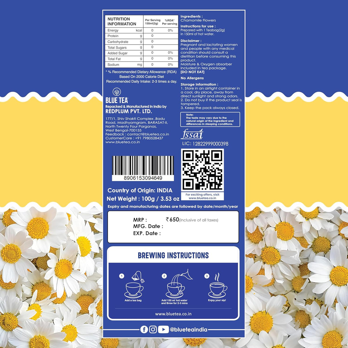 BLUE TEA - Chamomile Tea - 25 Tea Bags (Pack of 2) Plant Based | Sleep & Relaxation | Caffeine Free - Flower Based - Herbal Tea | Single Tear Tea Box | Easy Pull Sachets