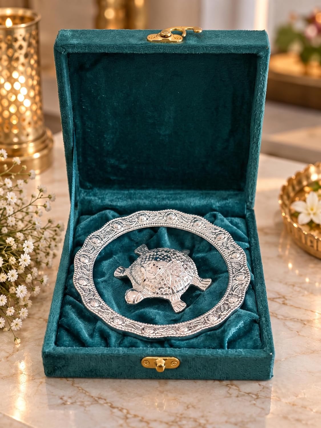 KridayKraft Decorative Tortoise Showpiece with 14 cm Designer Tray and Luxury Dark Teal Blue Gift Box, Tabletop Décor for Home, Office, Wedding, Anniversary and Housewarming Gift