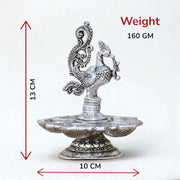 KridayKraft Traditional Silver-Plated Peacock Pooja Thali, 5-Compartment Diya Stand with Ornate Design