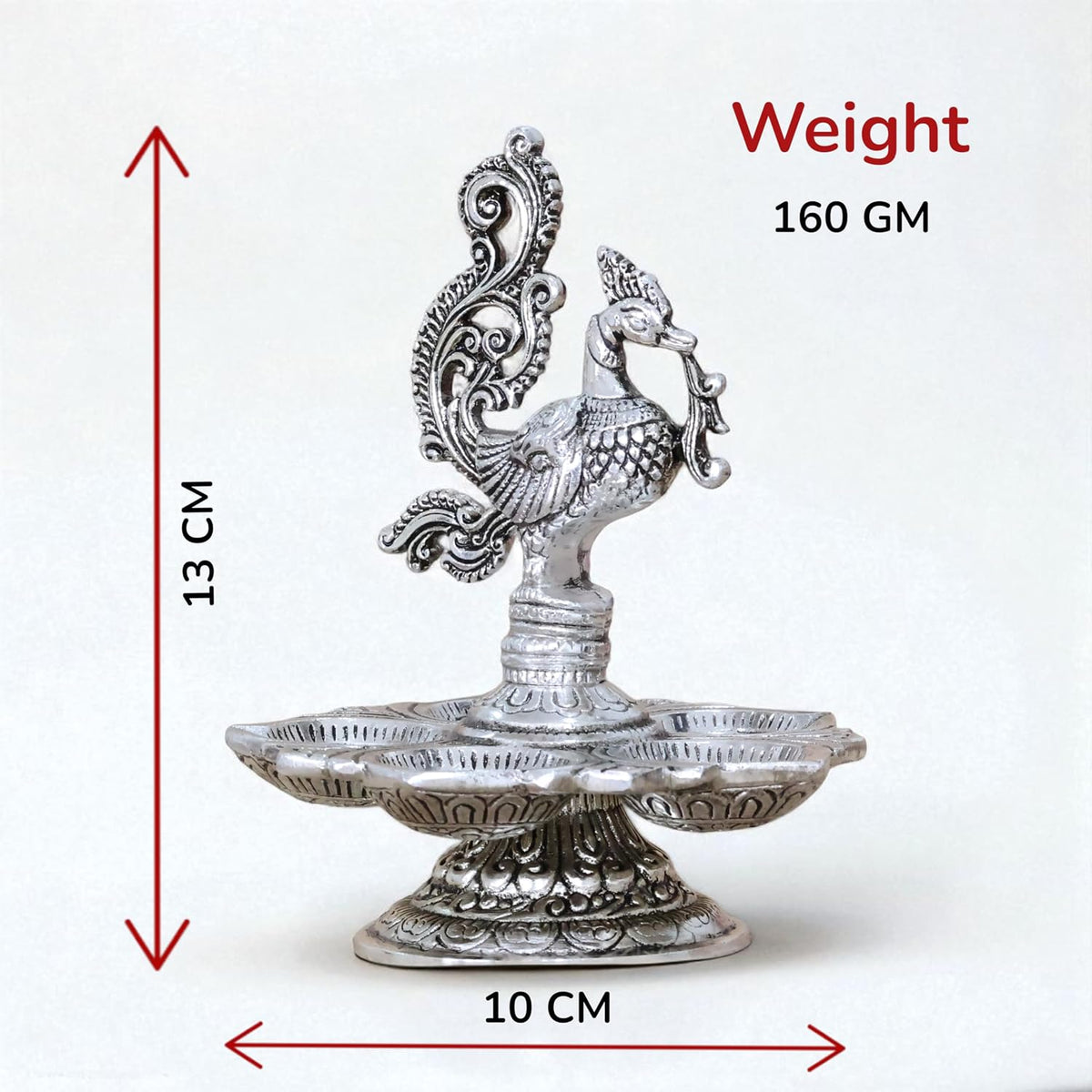 KridayKraft Traditional Silver-Plated Peacock Pooja Thali, 5-Compartment Diya Stand with Ornate Design